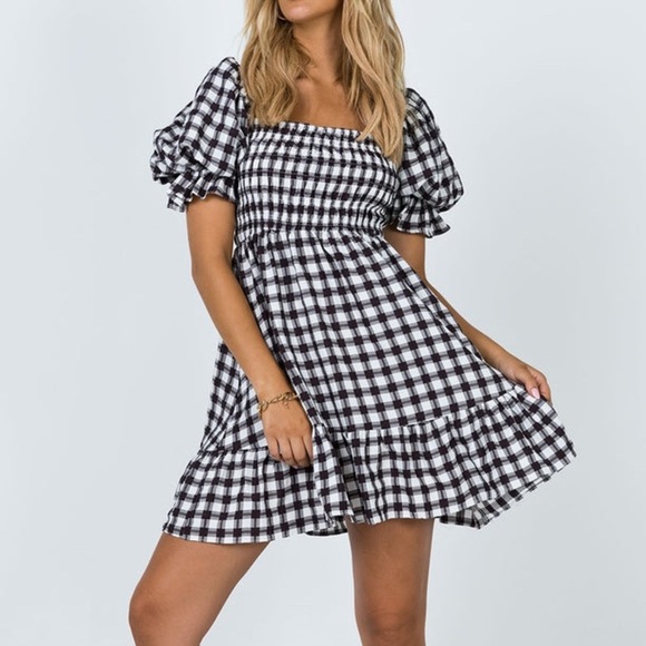 Princess Polly Adelio Mini Dress Puff Sleeve Black/White Gingham Size 10 - Picture 2 of 8